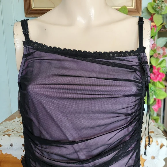 Vintage 90s Whimsigoth Lilac Slip Dress Black Mesh Overlay Asymmetrical Large - Picture 4 of 15